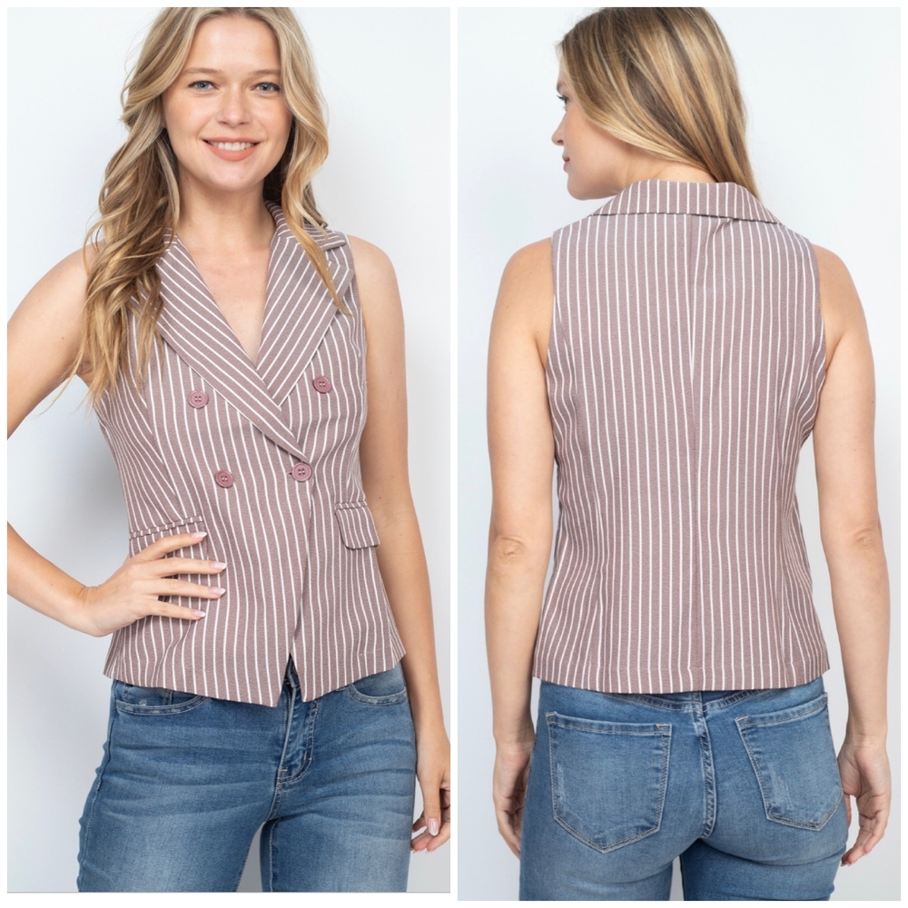 LAST 1❗️Chocolate USA Chic Mauve Striped Vest Top - Picture 2 of 5